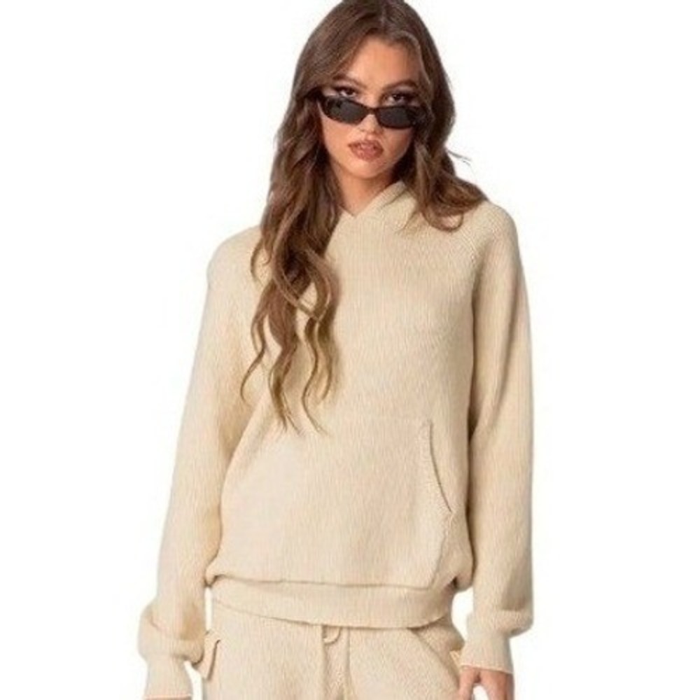 Edikted | Cream Ribbed Knit Hoodie Sweater Kangaroo Pocket Beige | Size Medium